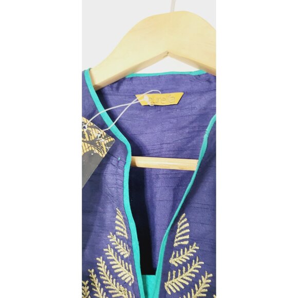 Aurelia Kurta NEW Teal Blue Gold Detailed Front Half Sleeve Tunic Open Side - Picture 8 of 12